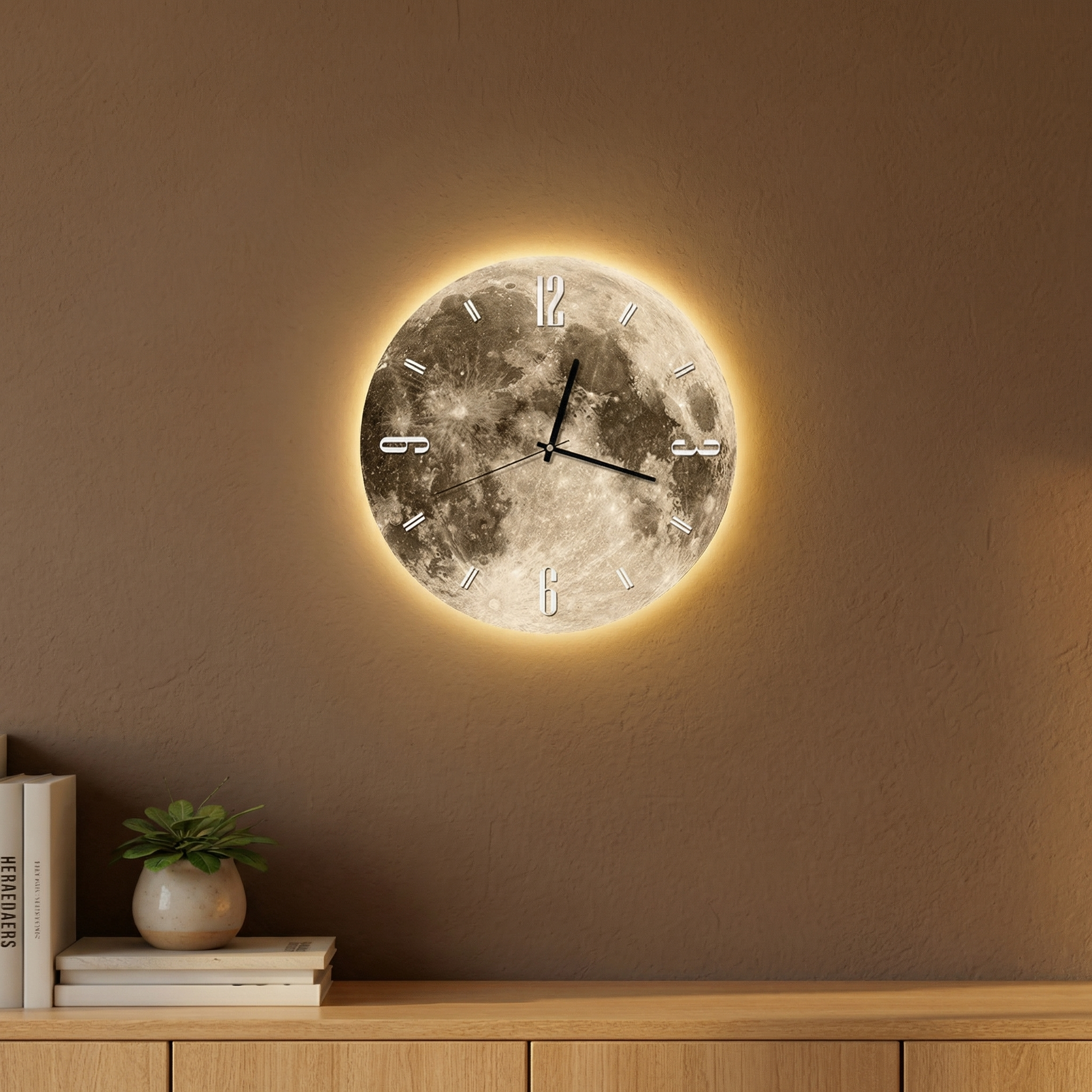 Mond Wanduhr mit LED-Rand – Ambiente-Beleuchtungsdesign