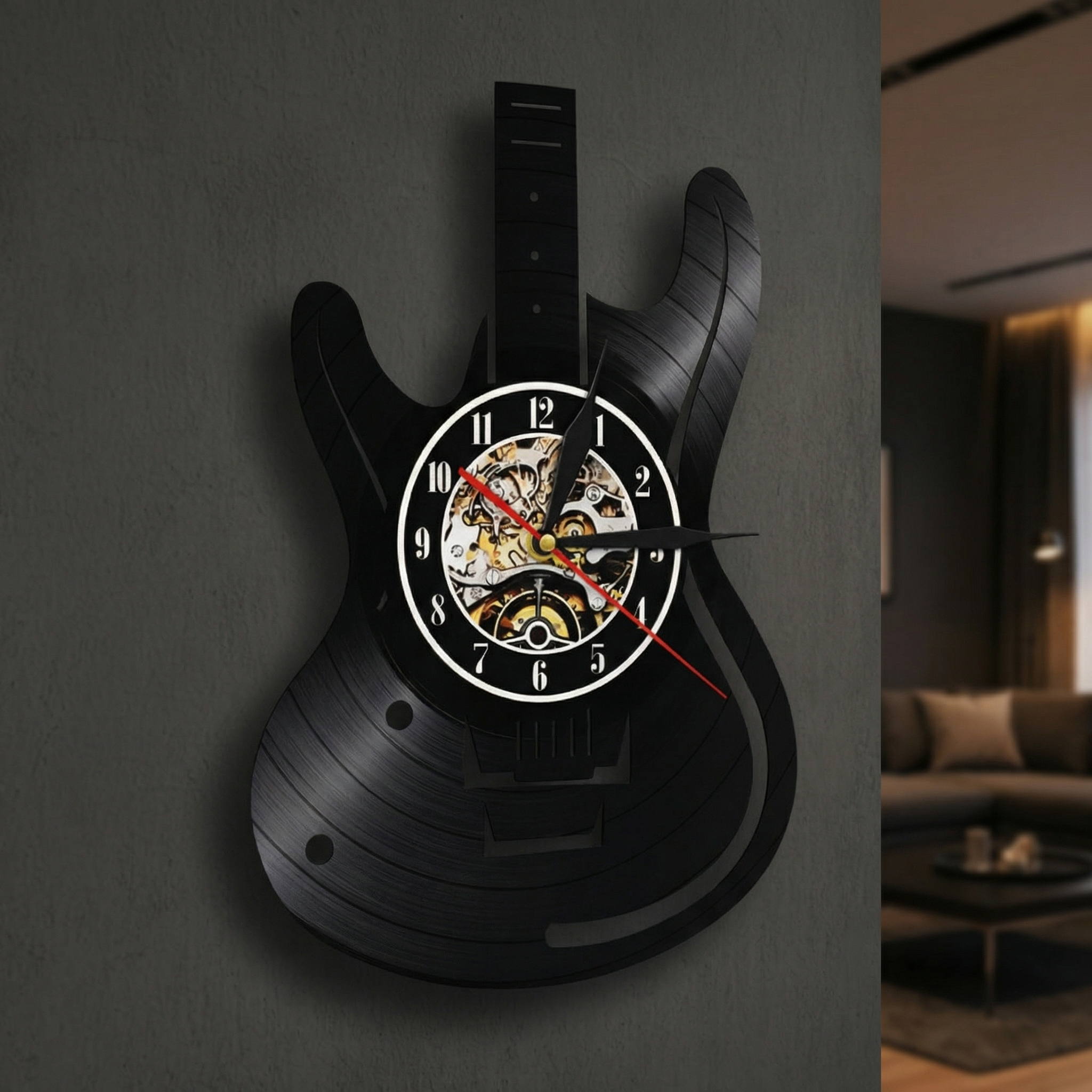 Gitarre Vinyl Wanduhr – Musikinspiriertes Design