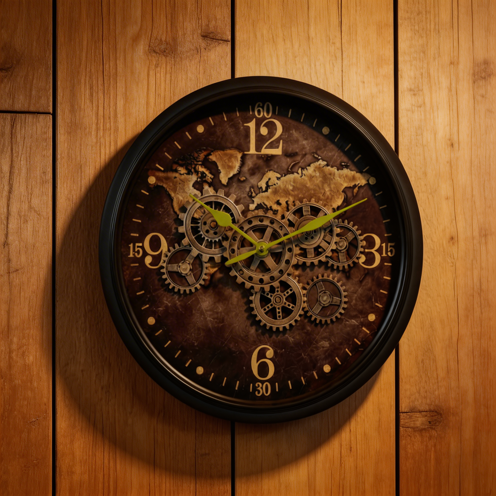 Mechanische Weltkarte Wanduhr – Industrielles Zahnraddesign
