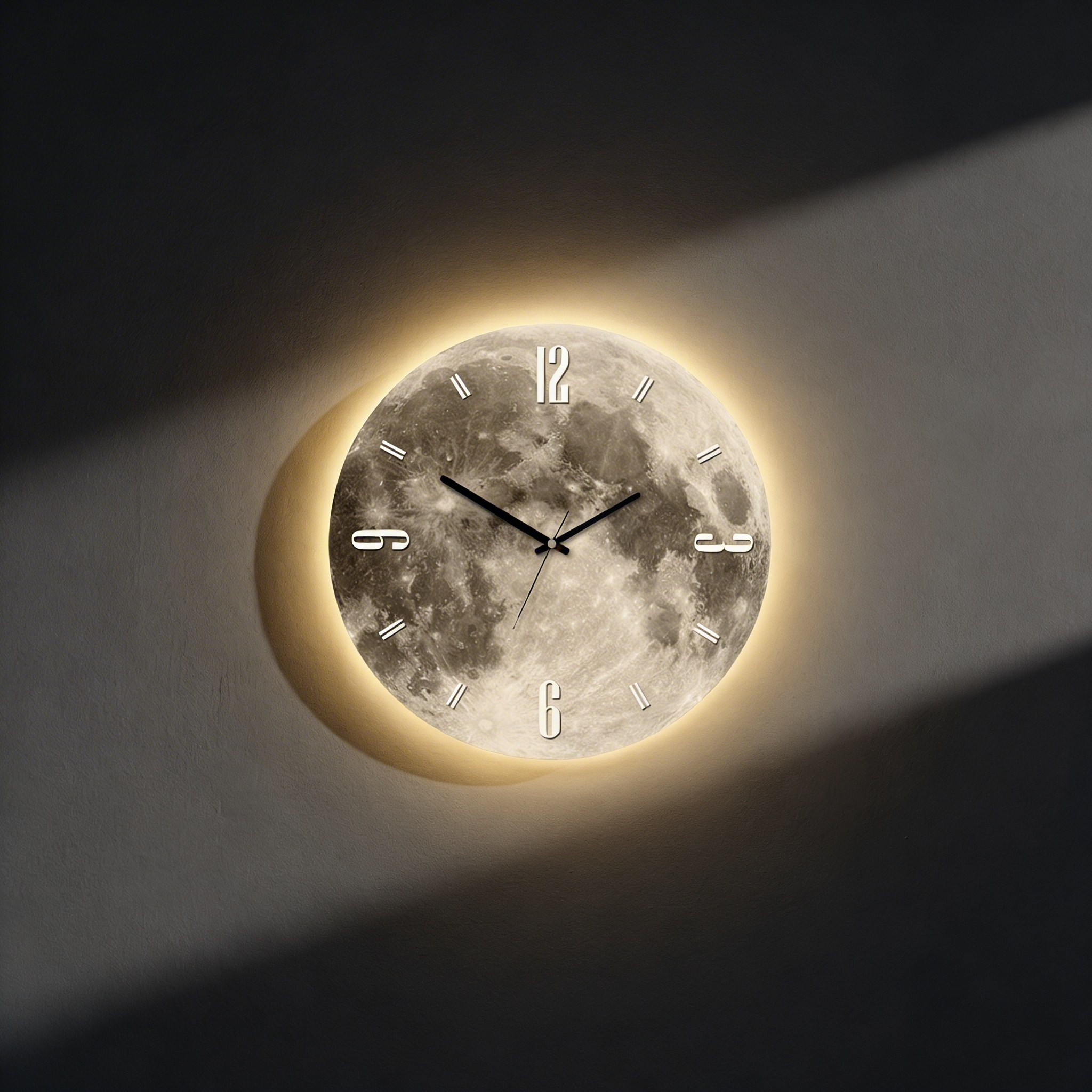 Mond Wanduhr mit LED-Rand – Ambiente-Beleuchtungsdesign